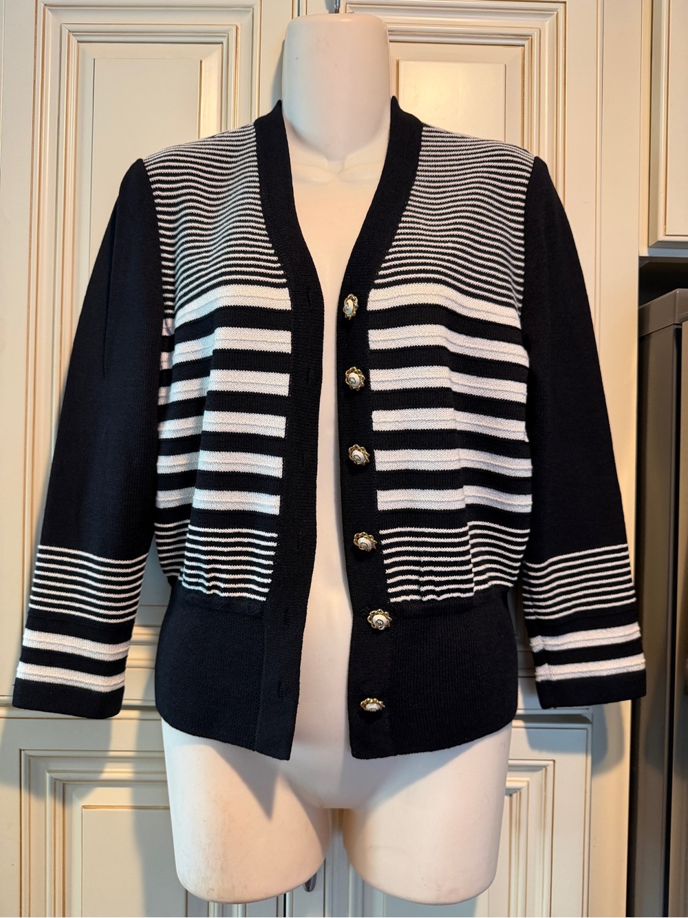 St. John Black and White Striped Knit Cardigan with Gold Buttons